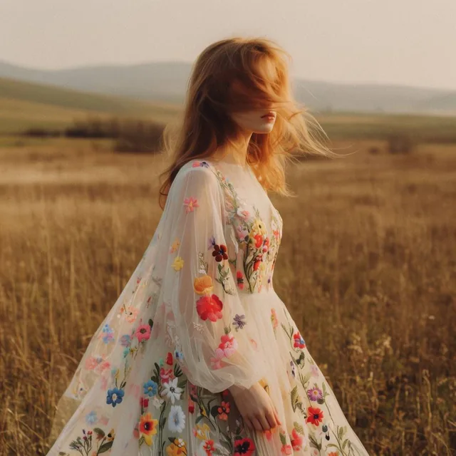 young woman facing right, face partially obscured by windswept strawberry-blonde hair, wearing...
