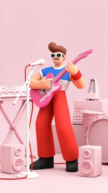 A stylized 3D rendered musician energetically plays an electric guitar in a monochromatic paste...