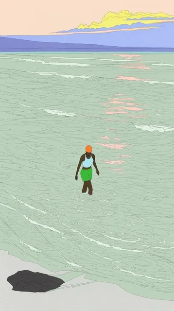 A minimalist flat-color illustration of a person wading through expansive shallow ocean waves b...