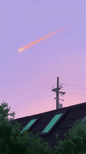 A tranquil digital illustration of a suburban twilight featuring a glowing orange meteor trail...