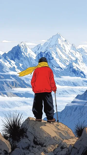 lonely mountaineer viewed from behind on a rocky outcrop, overlooking a vast snowy mountain ran...
