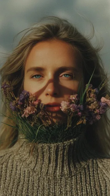 A close-up vintage film portrait of a blue-eyed woman wearing a chunky ribbed sweater with drie...