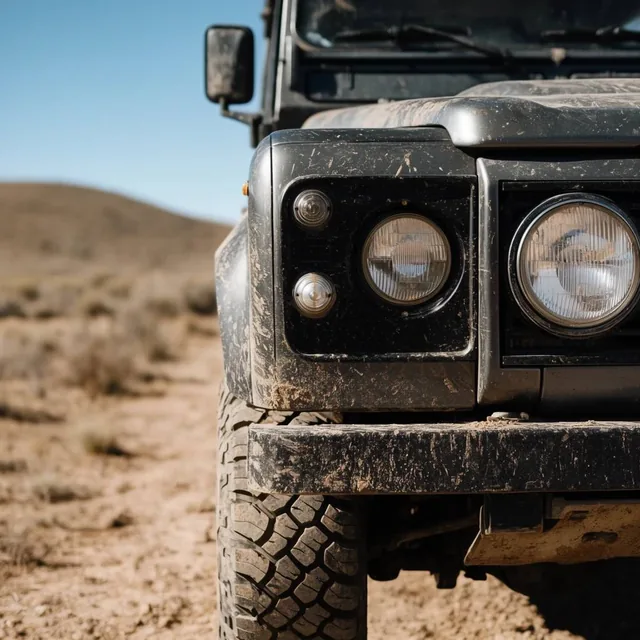 extreme close-up front-right view of a rugged dark off-road vehicle, large vintage round headli...