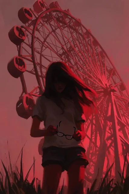 A young woman stands in tall grass beneath a massive Ferris wheel against a hazy, deep red sky...