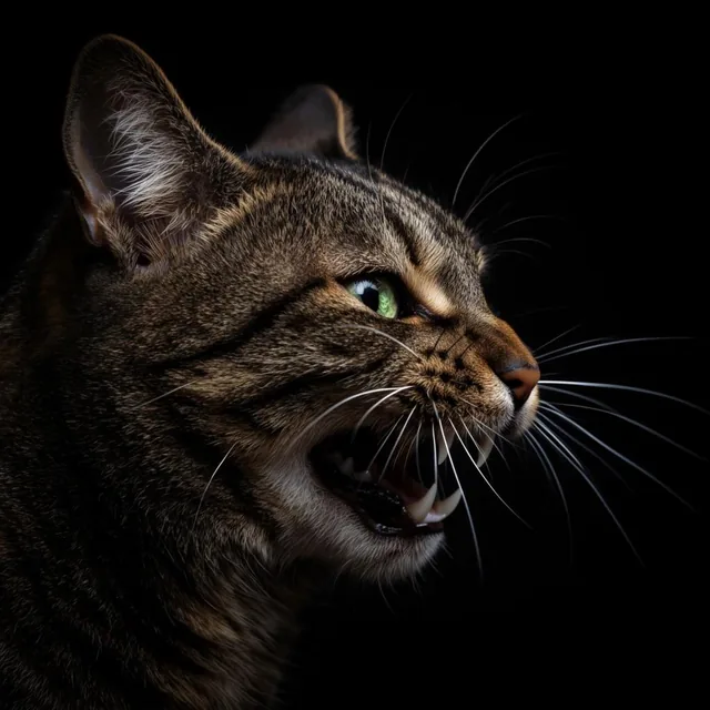 Close-up profile portrait of a brown tabby cat facing right, mouth wide open displaying sharp t...