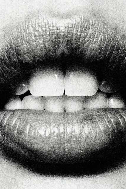 Extreme close-up of parted lips showing front teeth, heavy film grain, black and white distress...