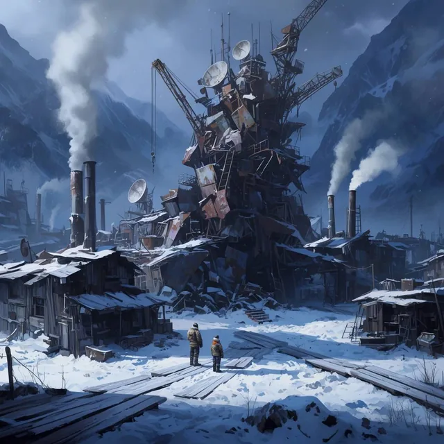 snowy post-apocalyptic industrial settlement in a cold mountain valley, towering central scrap...