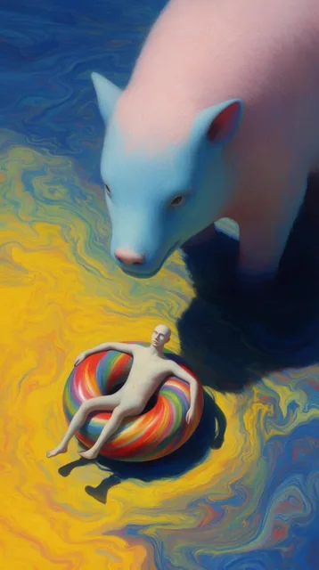 surreal high-angle painting, massive beast with a pale pink body and light blue face looming, p...