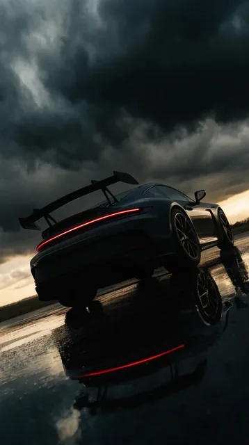 dark sports car from low rear angle, prominent aerodynamic wing, glowing red taillight bar, wet...