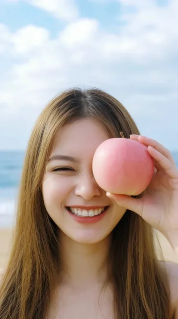 A young woman playfully obscures her left eye with a smooth, pinkish-red apple in this close-up...