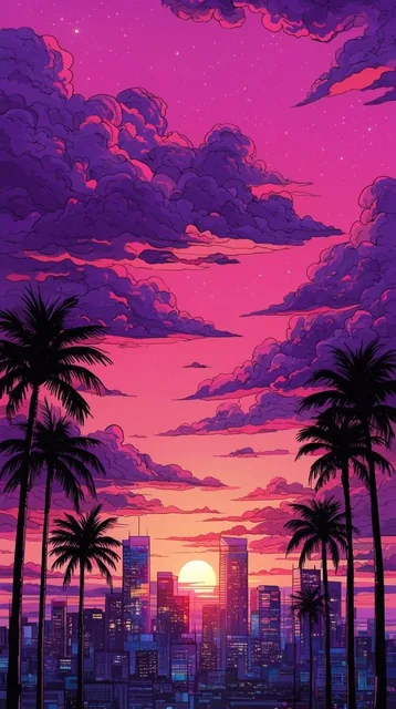 A comic-style digital illustration of a synthwave sunset over a city skyline, framed by tall si...