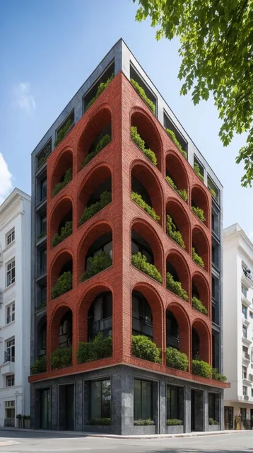 A low-angle architectural view of a modern corner building featuring a striking red brick facad...