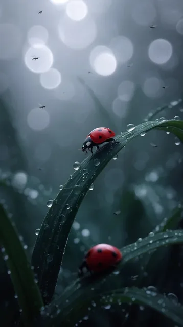 A vivid red ladybug ascends a curving, deep green grass blade adorned with perfectly spherical...