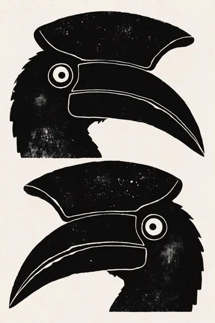 graphic illustration of two hornbill profiles stacked vertically, top bird facing right, bottom...