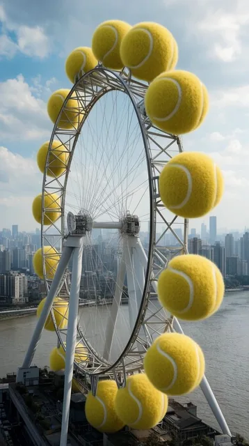 giant Ferris wheel with oversized fuzzy yellow tennis balls as passenger pods, sprawling city s...