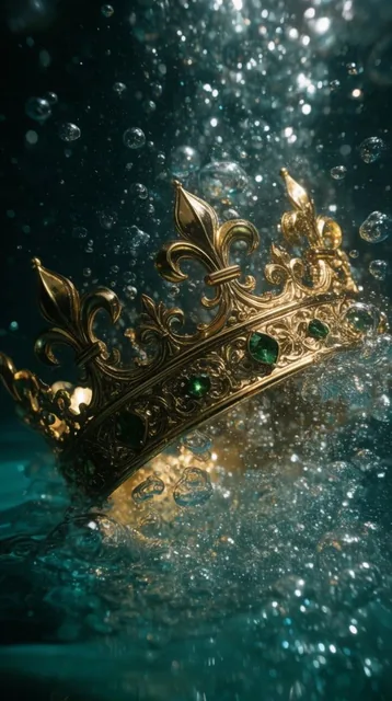 An ornate golden crown featuring intricate fleur-de-lis motifs and green gemstones plunges into...