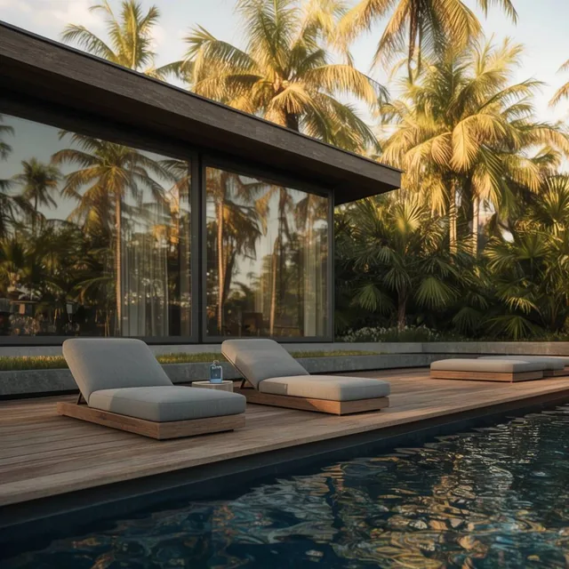 Grey lounge chairs on wooden poolside deck, dark swimming pool, large glass windows reflecting...