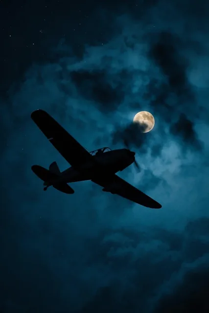 A dark silhouette of a vintage single-engine plane banking steeply across a deep blue night sky...