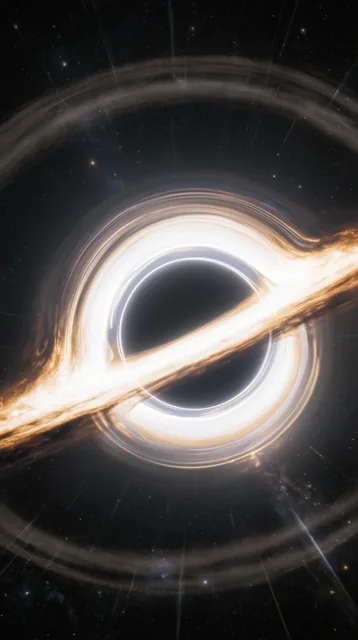 massive black hole in deep space, perfect spherical dark void at the center, blindingly bright...