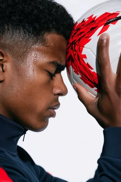 close up profile of a young male athlete with closed eyes pressing his sweaty forehead against...