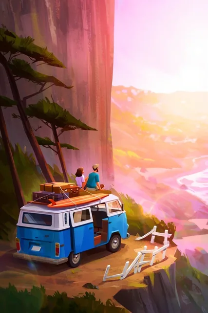 couple sitting on a vintage blue and white camper van roof overlooking a bright coastal valley,...