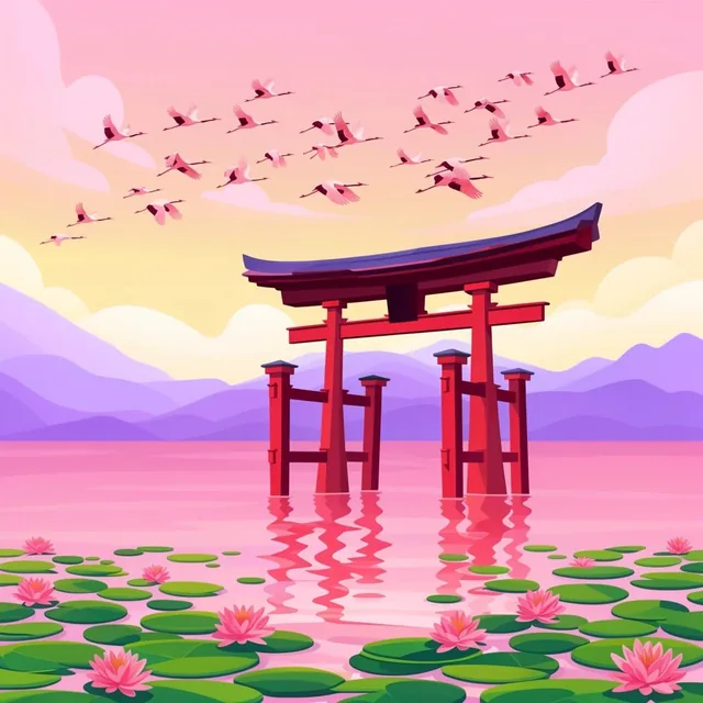 Large red torii gate standing in calm pink water, scattered green lily pads and blooming pink w...