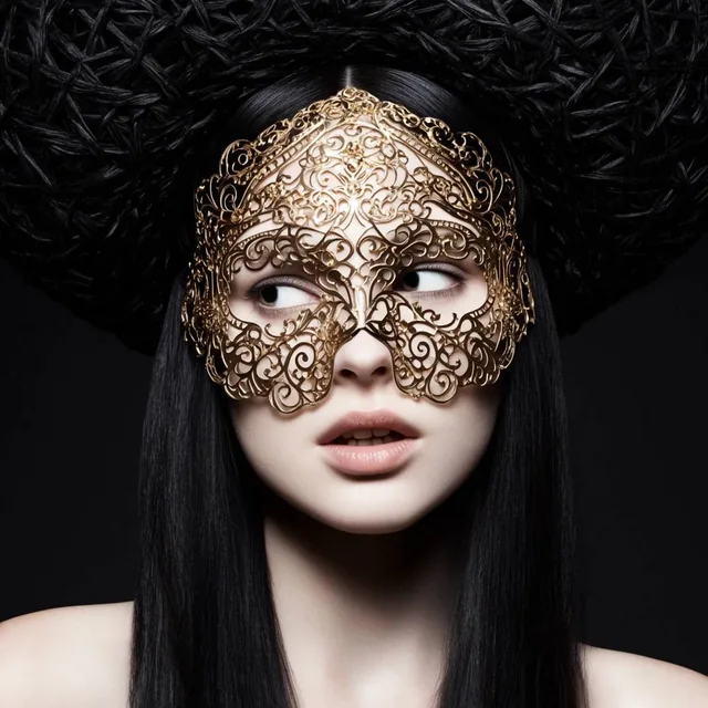 close-up high fashion portrait of a pale woman wearing an intricate gold filigree mask over her...