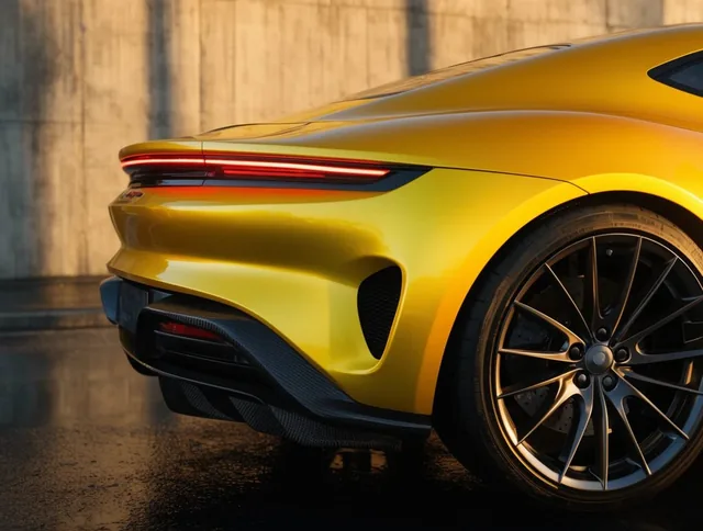 metallic yellow sports car rear quarter view, sweeping curves, glowing red LED taillight strip,...