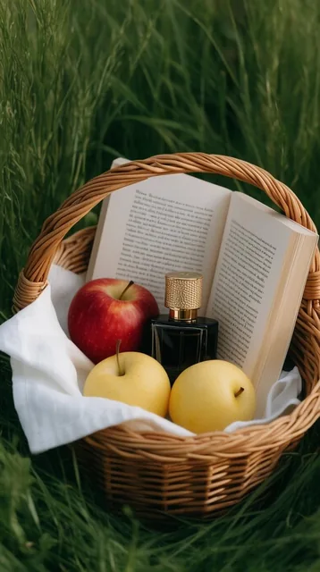 A woven wicker picnic basket sits in tall, green grass, holding an open book with visible text,...