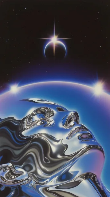 A surreal retro-futuristic space scene features liquid chrome forming an abstract face merging...