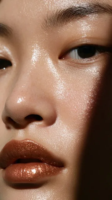 An extreme close-up macro beauty portrait tightly framing the eyes, nose, and mouth, highlighti...
