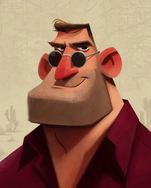 A 2D stylized digital caricature of a rugged man featuring an exaggerated massive square jaw, t...