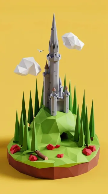 A low-poly 3D diorama of a tall gray castle perched on a faceted green hill surrounded by conic...
