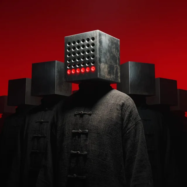 A surreal row of figures in dark, heavily textured tunics with knot buttons stands against a st...