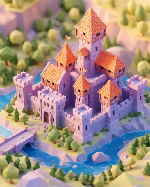 low-poly 3D medieval castle diorama, pastel lavender stone walls, orange tile roofs, geometric...