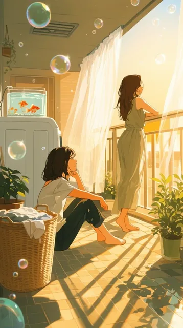 Two women relax on a sun-drenched balcony during golden hour in a serene digital illustration....