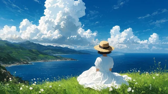 A vibrant digital illustration of a figure sitting on a grassy coastal cliff facing a vast, dee...
