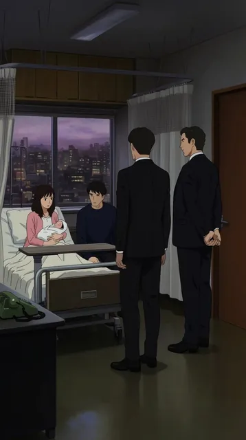 In a 2D anime-style hospital room, a young couple with a newborn baby is visited by two men in...