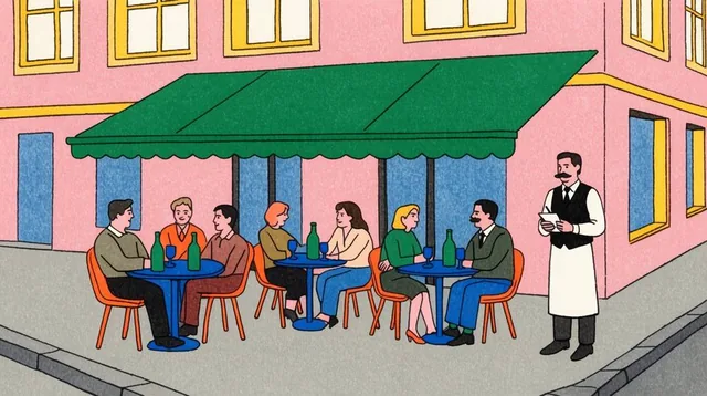 A flat, ligne claire illustration of an outdoor cafe corner on a gray sidewalk. A pink building...