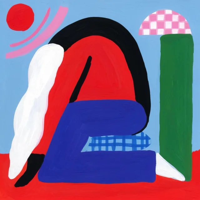 abstract gouache painting of a stylized hunched figure, bold color blocking, coarse visible bru...