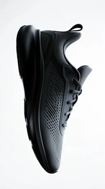 floating dark grey athletic sneaker in strict profile, breathable mesh upper with diagonal vent...