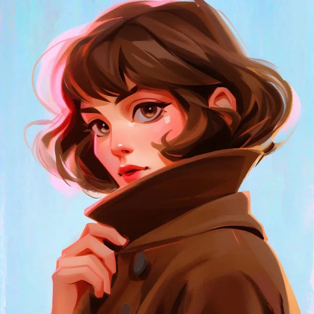 stylized digital portrait of a young woman, short wavy brown hair, thick brown collared coat, h...