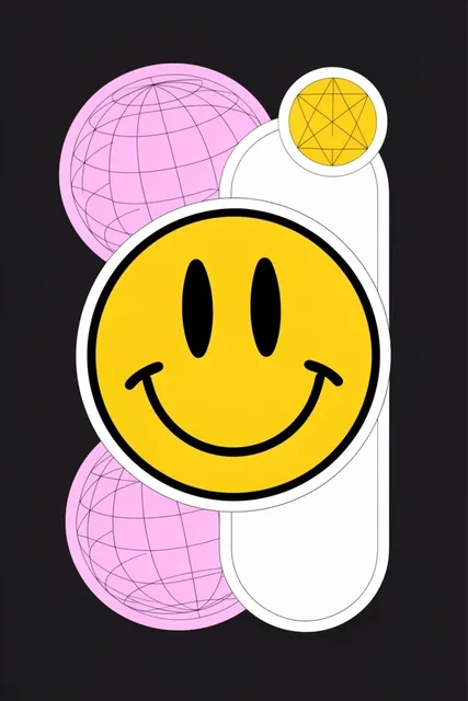 Central yellow smiley face sticker overlapping flat vector graphic decals, pink wireframe globe...