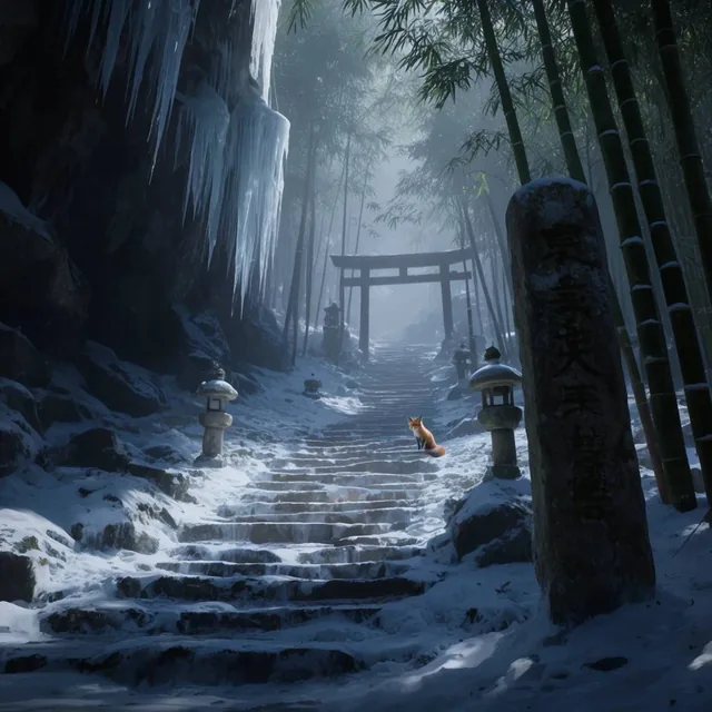 snow-covered stone staircase ascending into a misty bamboo forest, small fox resting on the icy...