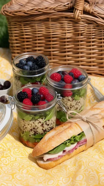 A picnic spread on a yellow patterned cloth centers on glass jars holding layered quinoa salad...