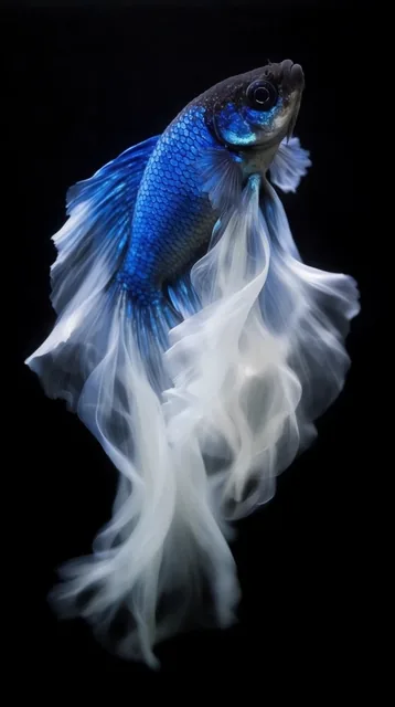 A vibrant blue and white fish with flowing, ethereal fins floats against a pure black backgroun...
