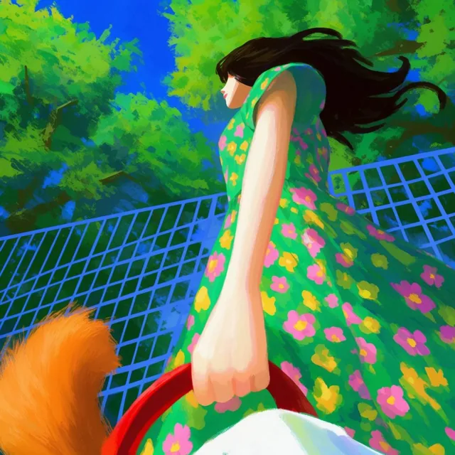 A vibrant digital painting captures a woman walking from a dynamic low-angle perspective. She h...
