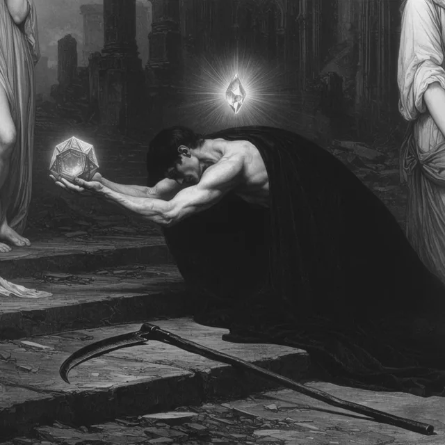 A monochromatic classical engraving depicts a kneeling figure in a heavy black cloak presenting...