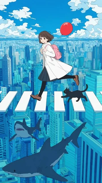 A young woman and a black cat run across a crosswalk suspended in the sky above a sprawling, st...