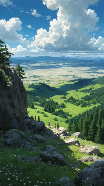 A sprawling anime-style landscape viewed from a high rocky cliff overlooking a sunlit valley. T...